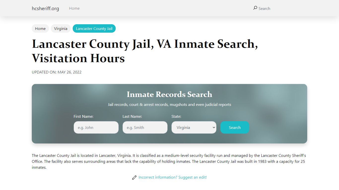 Lancaster County Jail, VA Inmate Search, Visitation Hours